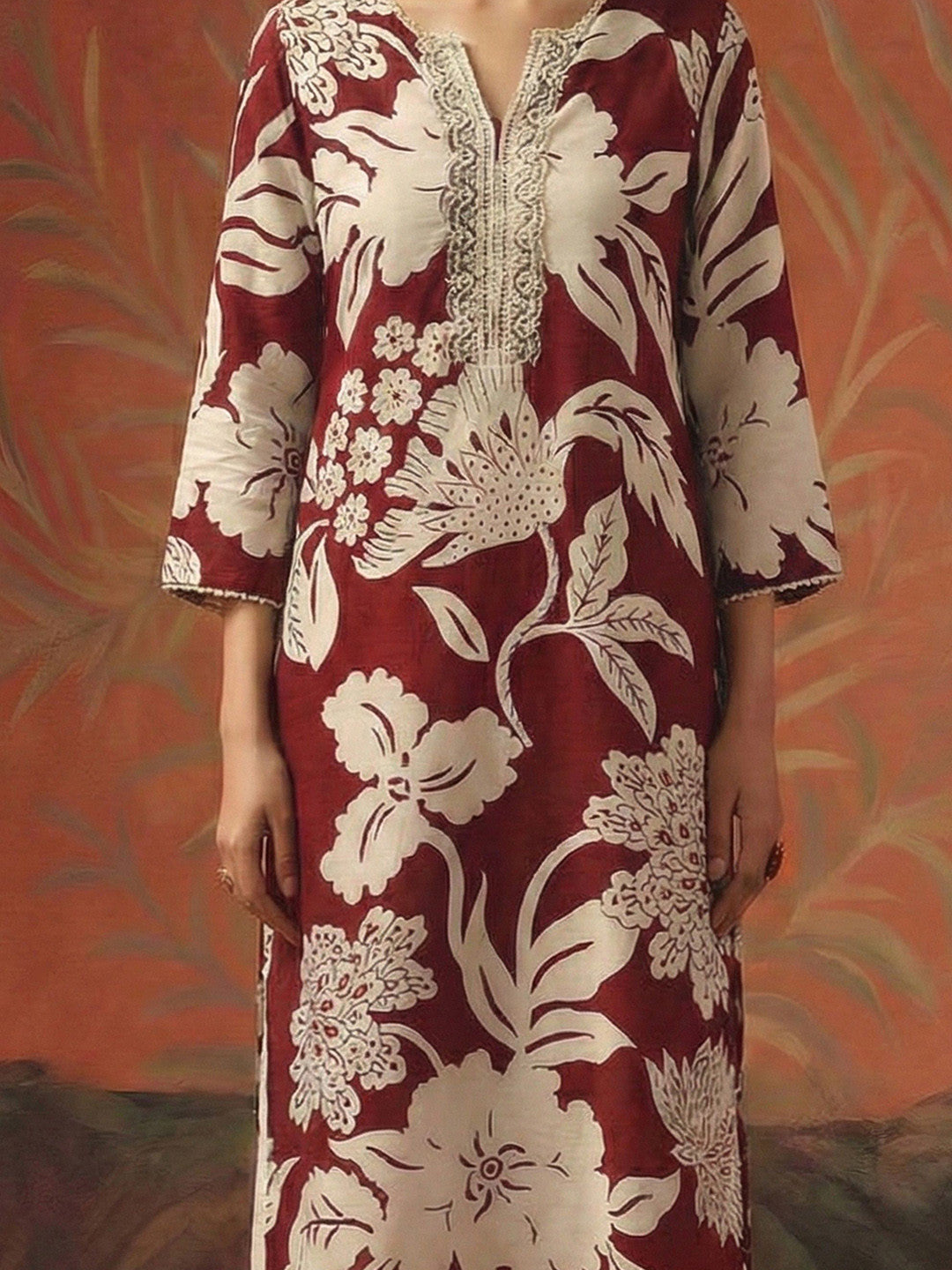 Floral Printed V-Neck Thread Work Pure Cotton Thread Work Kurti