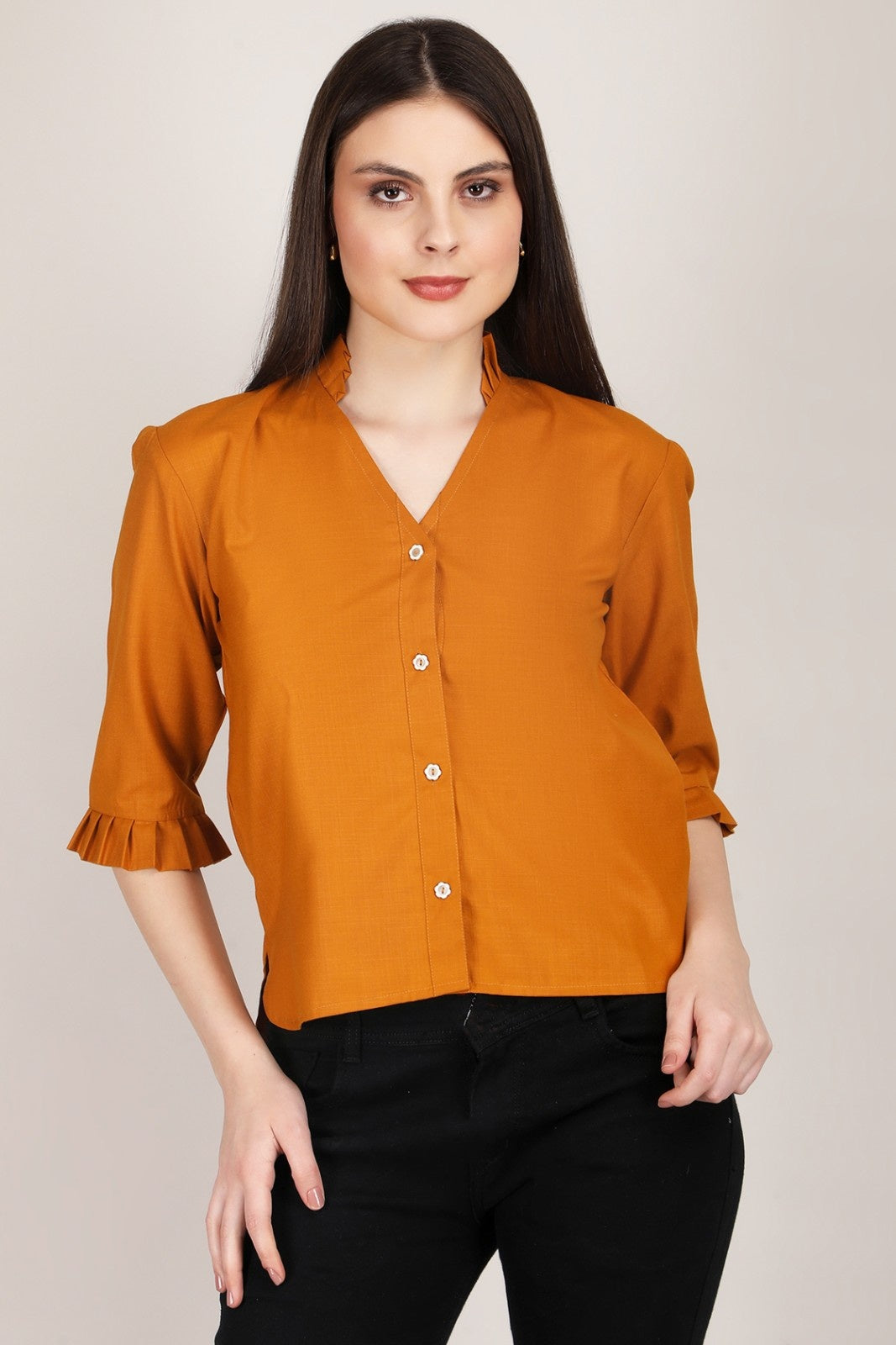Rust Ruffle Sleeve V-Neck Button Down Top for Women