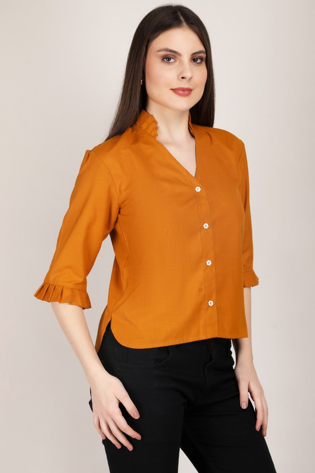 Rust Ruffle Sleeve V-Neck Button Down Top for Women