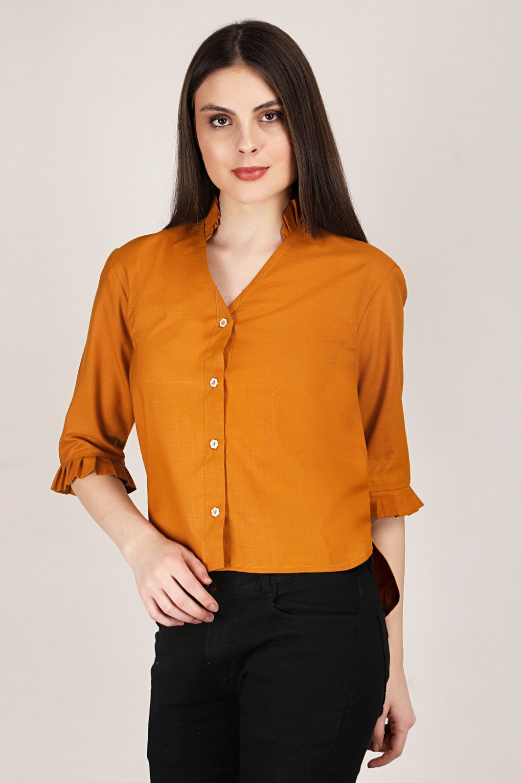 Rust Ruffle Sleeve V-Neck Button Down Top for Women