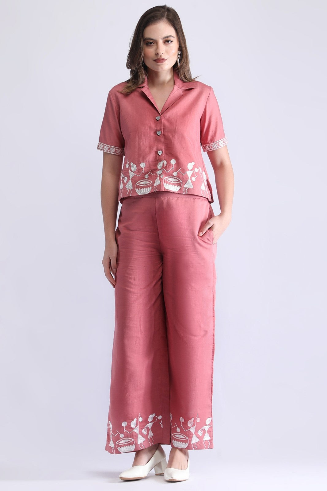 Classy Folk Embroidered Co-ord Set (Top & Wide-Leg Pants)