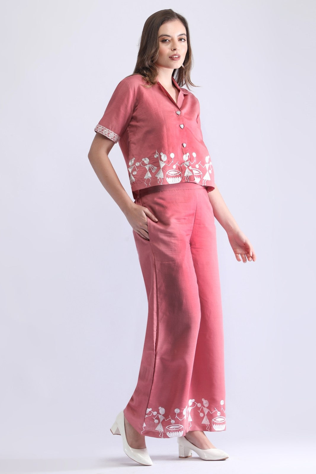 Classy Folk Embroidered Co-ord Set (Top & Wide-Leg Pants)