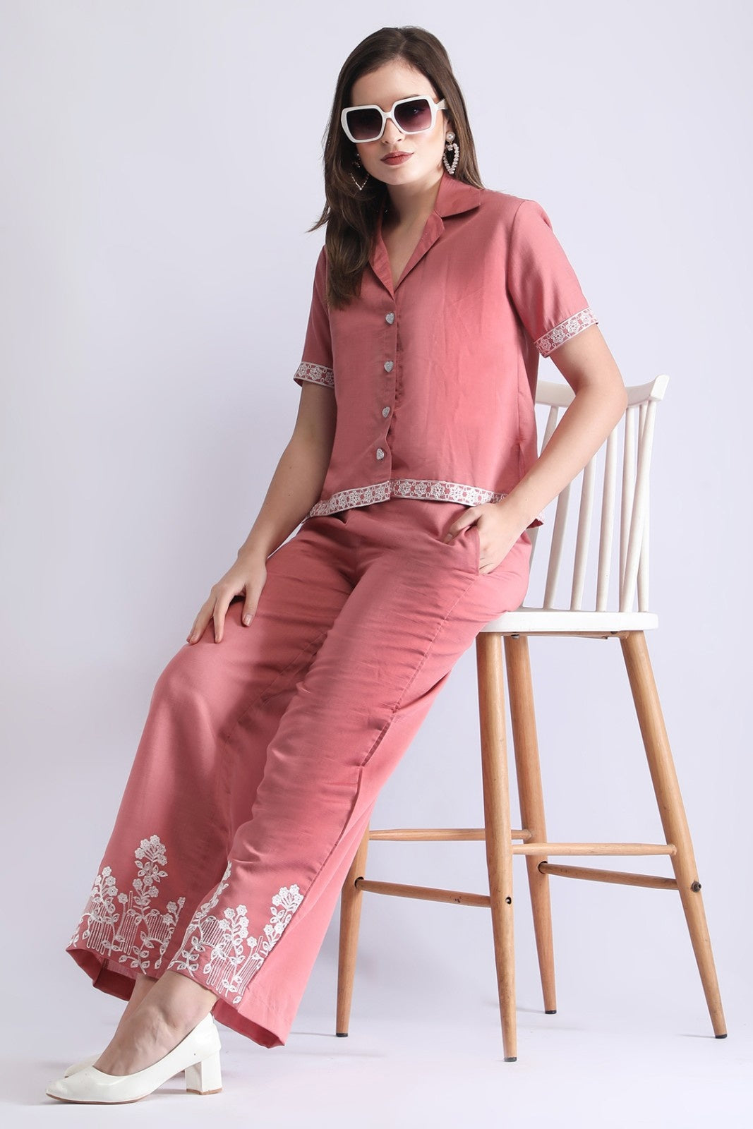 Women’s Embroidered Short Shirt & Wide-Leg Pant Co-ord Set