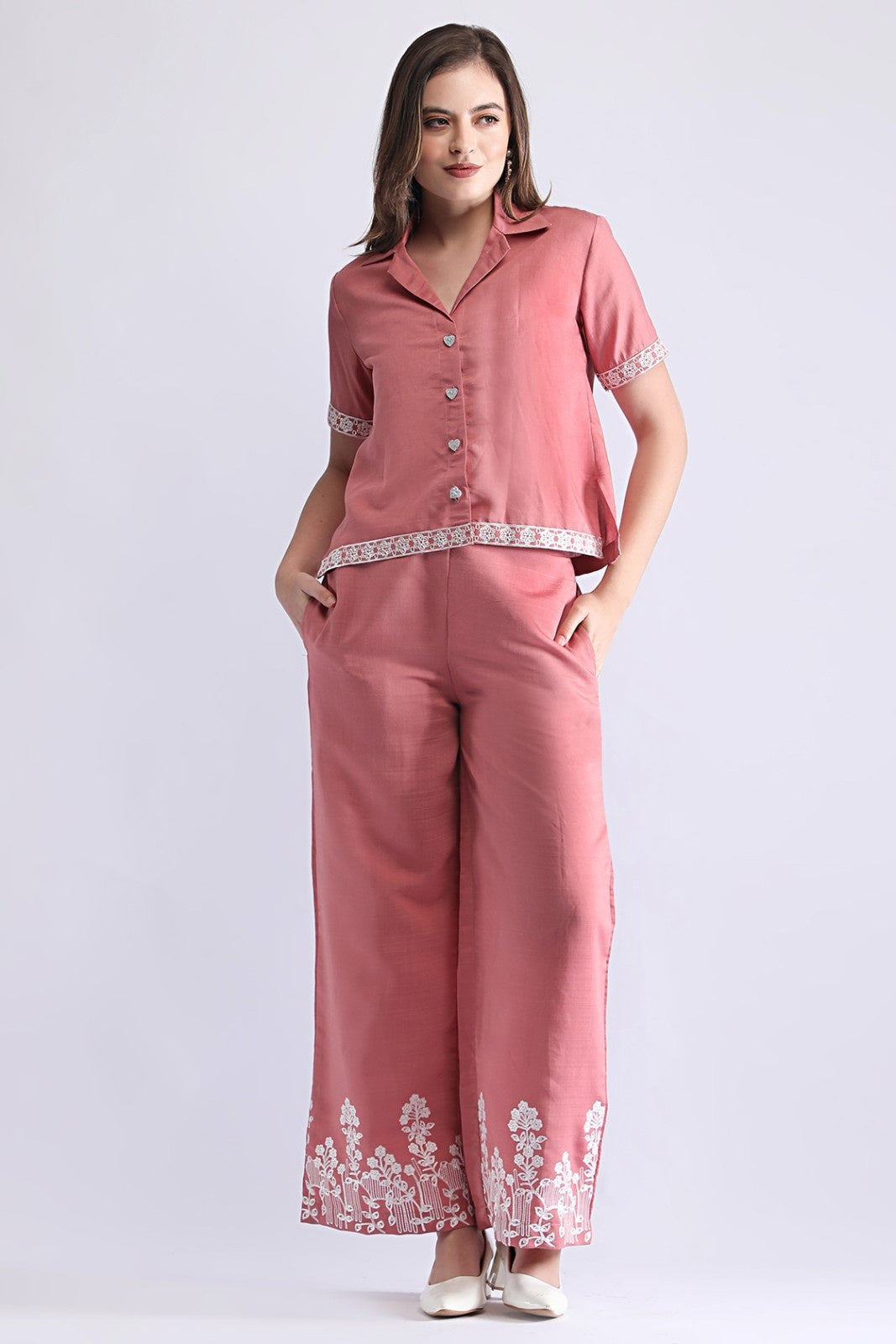 Women’s Embroidered Short Shirt & Wide-Leg Pant Co-ord Set