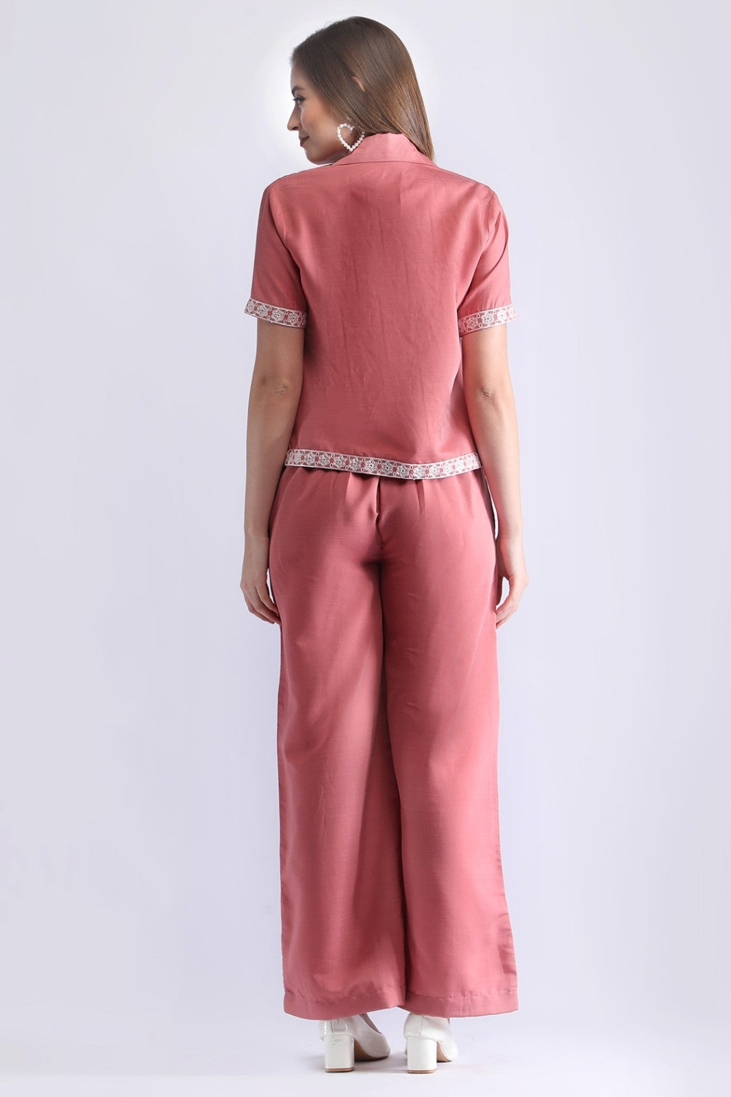 Women’s Embroidered Short Shirt & Wide-Leg Pant Co-ord Set