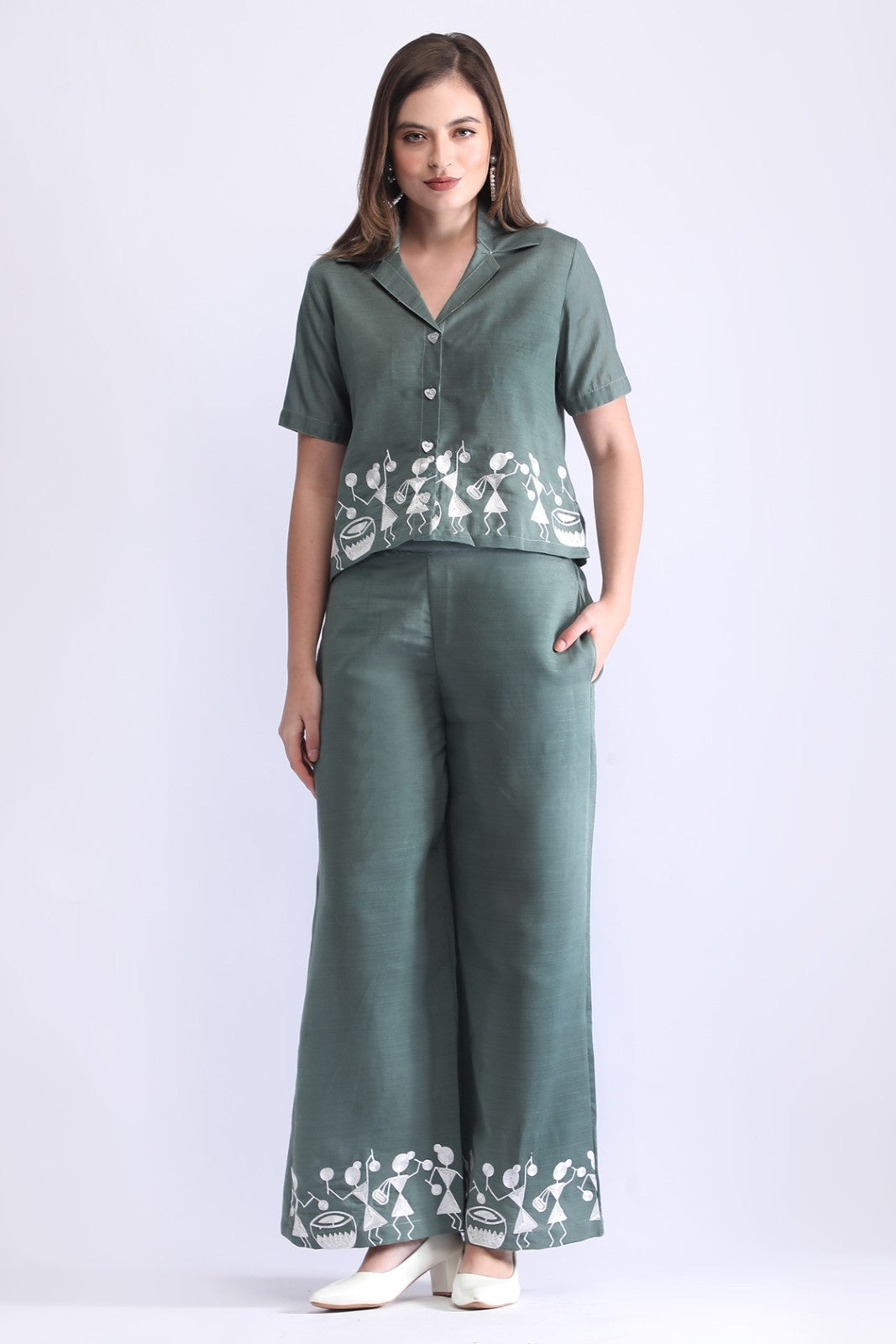 Classy Folk Embroidered Co-ord Set (Top & Wide-Leg Pants)