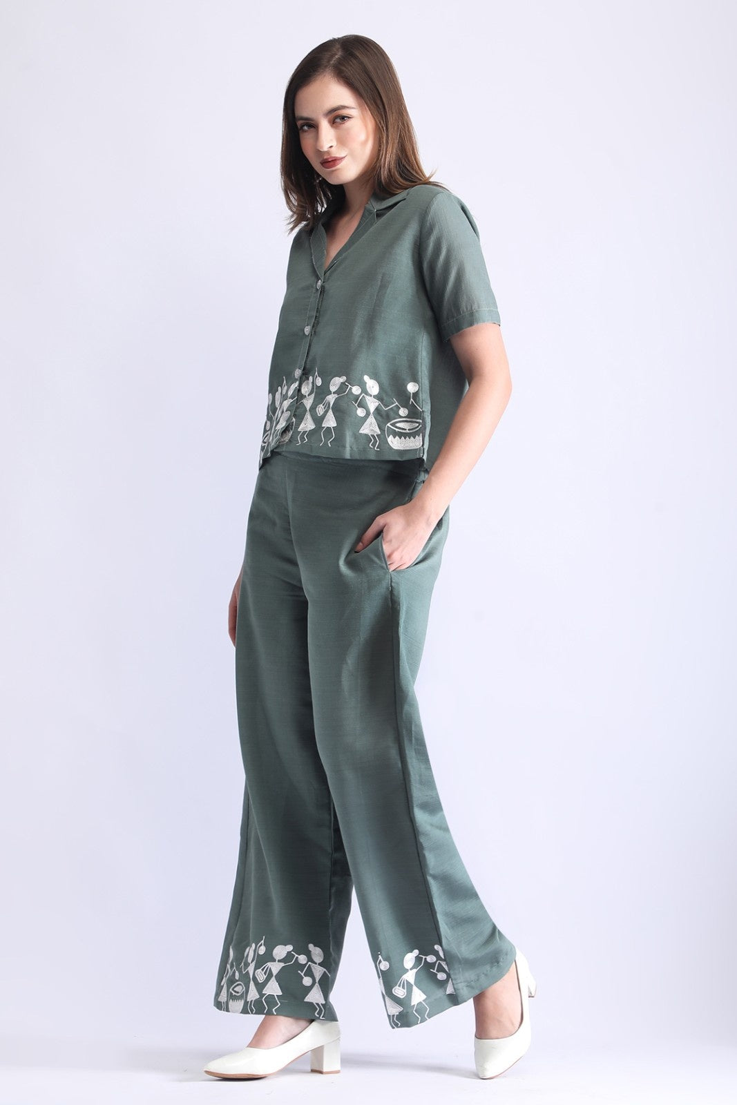 Classy Folk Embroidered Co-ord Set (Top & Wide-Leg Pants)