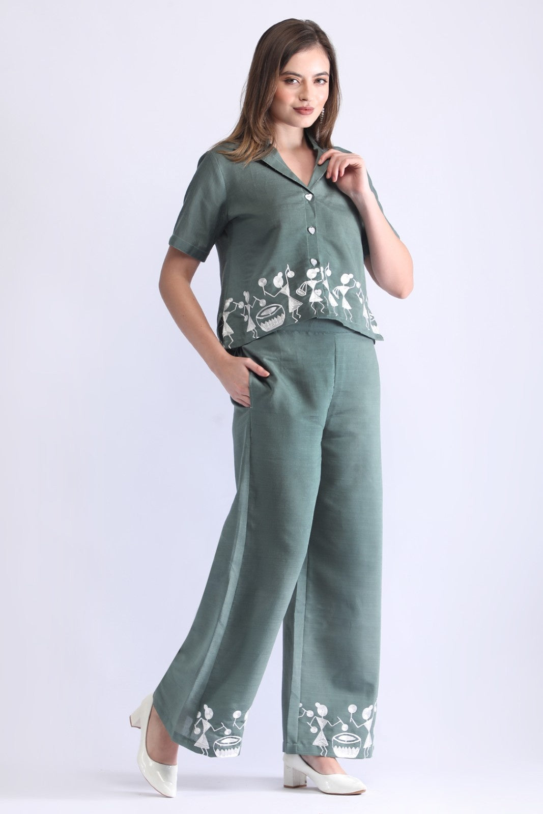 Classy Folk Embroidered Co-ord Set (Top & Wide-Leg Pants)
