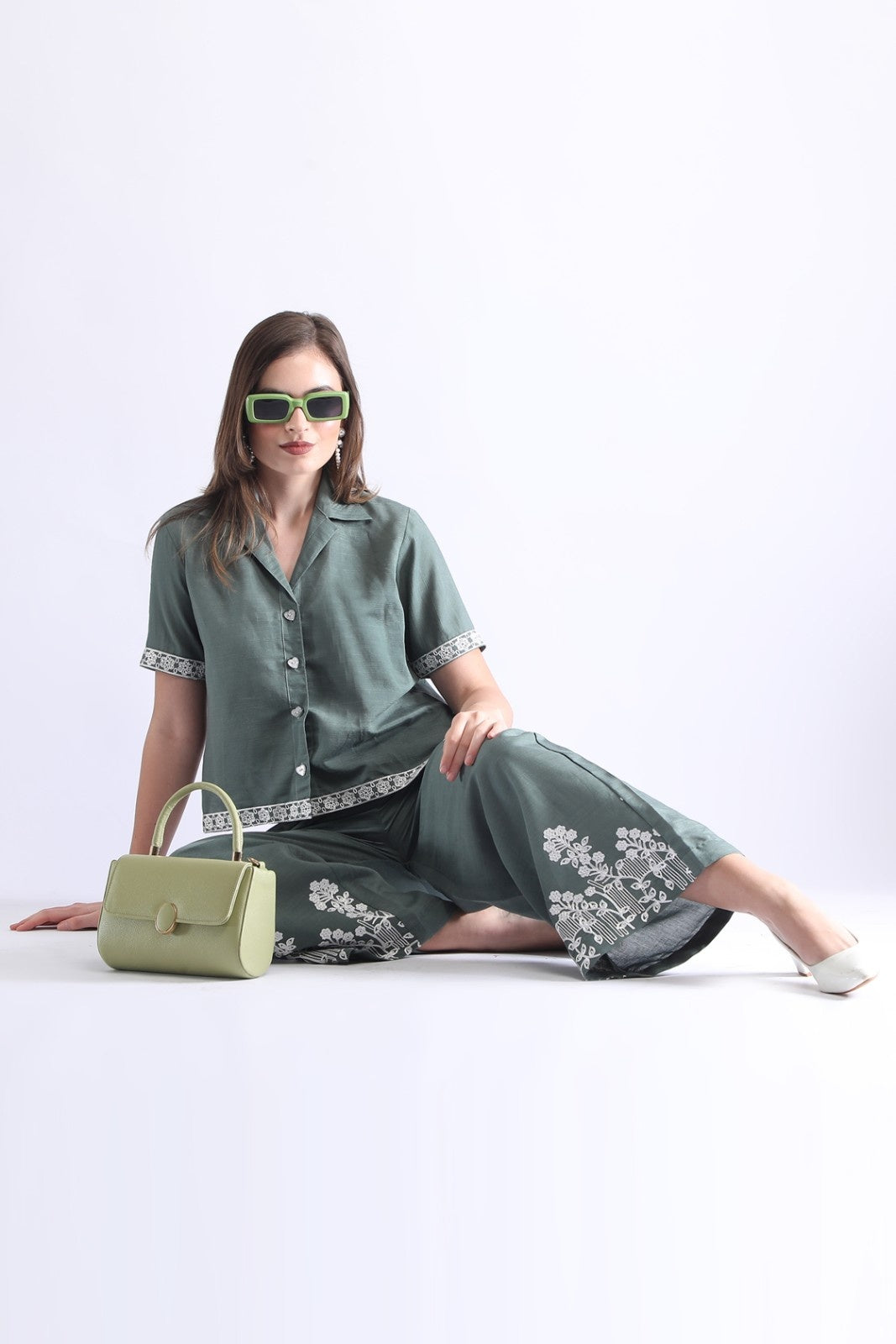 Women’s Embroidered Short Shirt & Wide-Leg Pant Co-ord Set