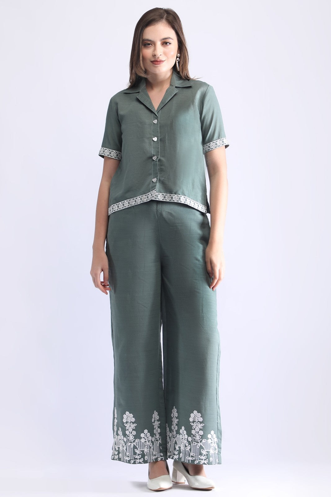 Women’s Embroidered Short Shirt & Wide-Leg Pant Co-ord Set