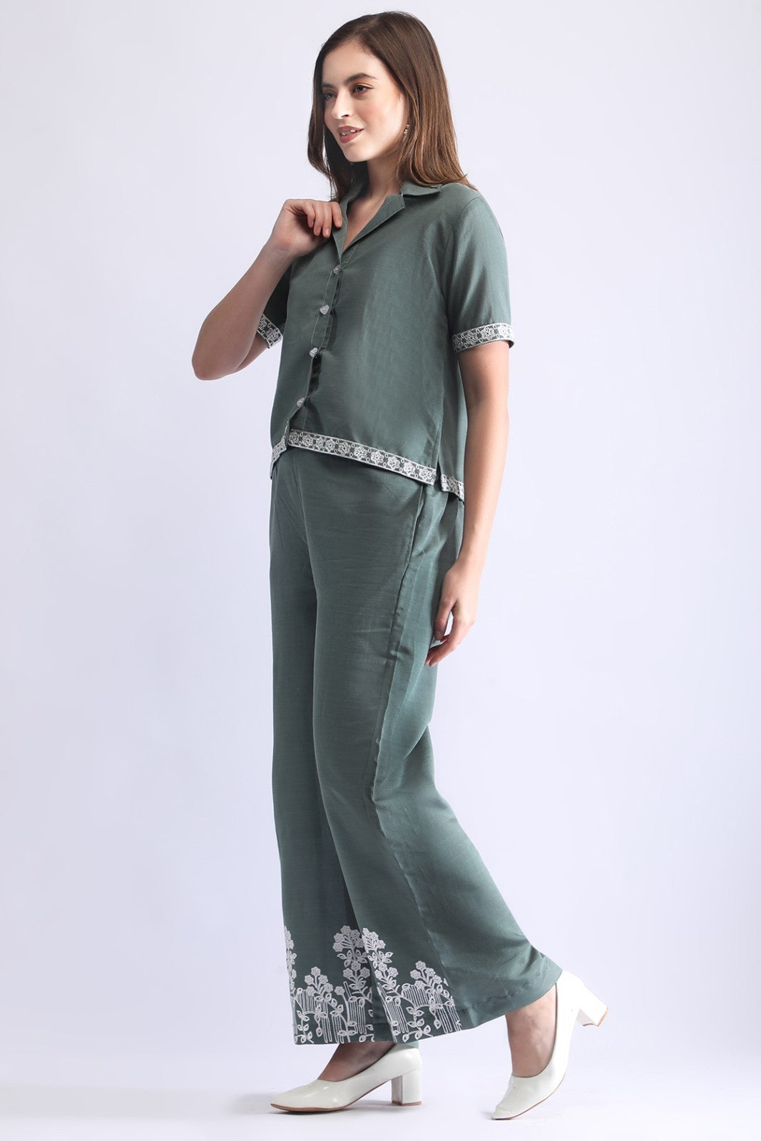 Women’s Embroidered Short Shirt & Wide-Leg Pant Co-ord Set