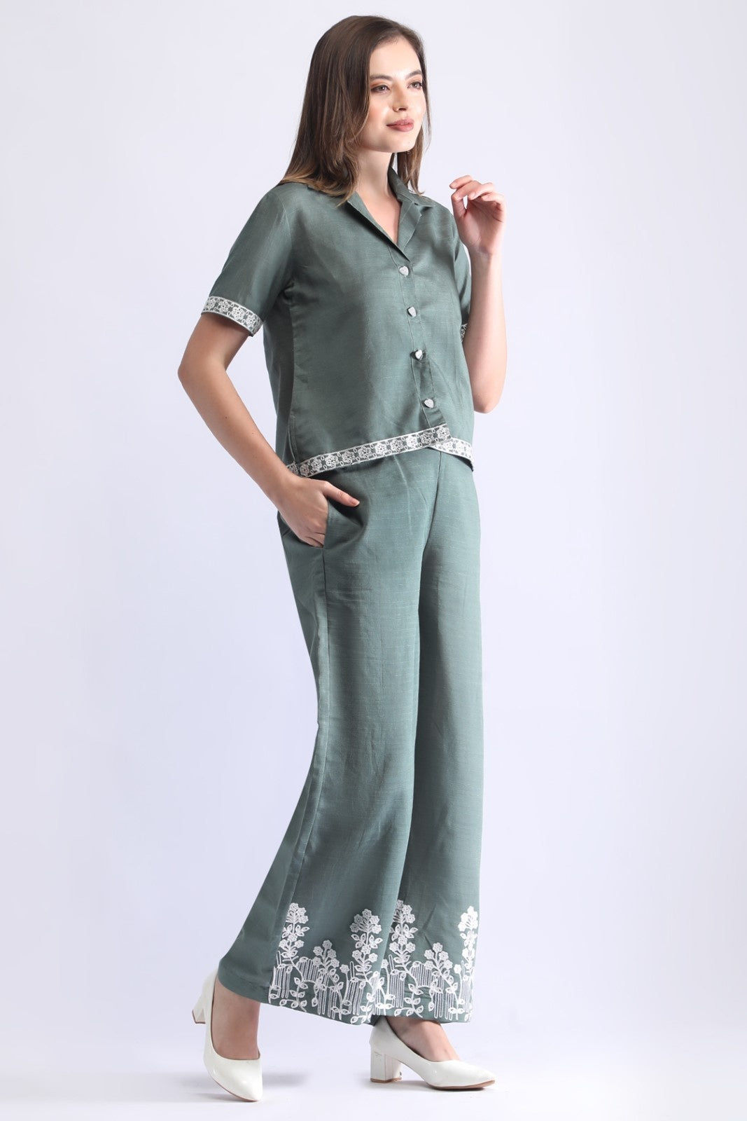 Women’s Embroidered Short Shirt & Wide-Leg Pant Co-ord Set