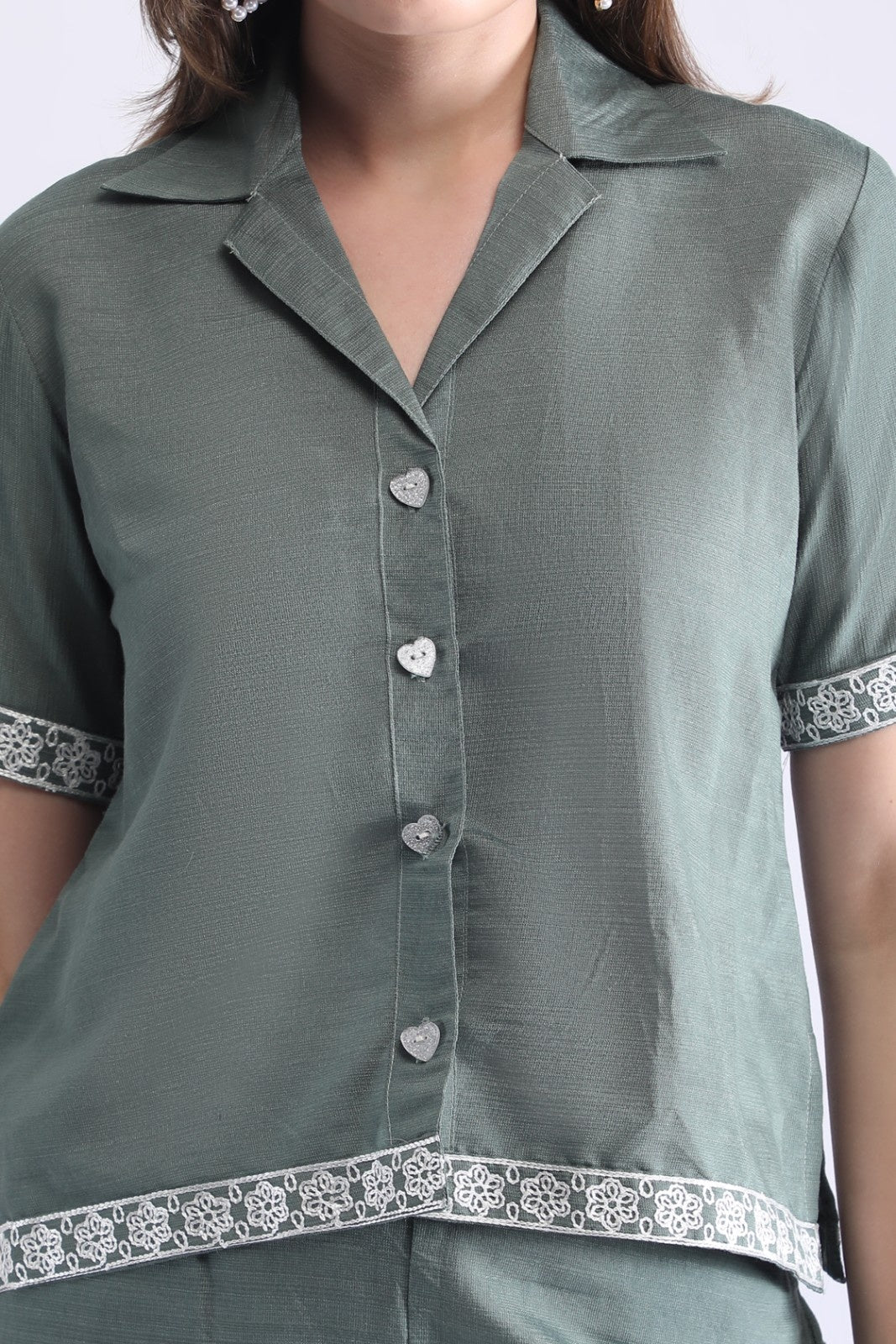 Women’s Embroidered Short Shirt & Wide-Leg Pant Co-ord Set