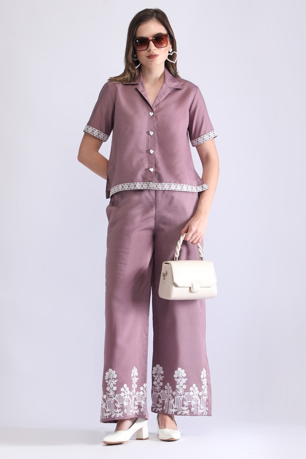 Women’s Embroidered Short Shirt & Wide-Leg Pant Co-ord Set