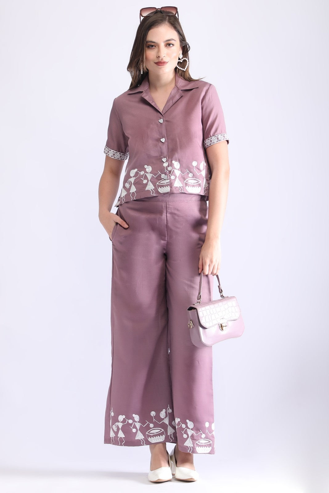 Classy Folk Embroidered Co-ord Set (Top & Wide-Leg Pants)