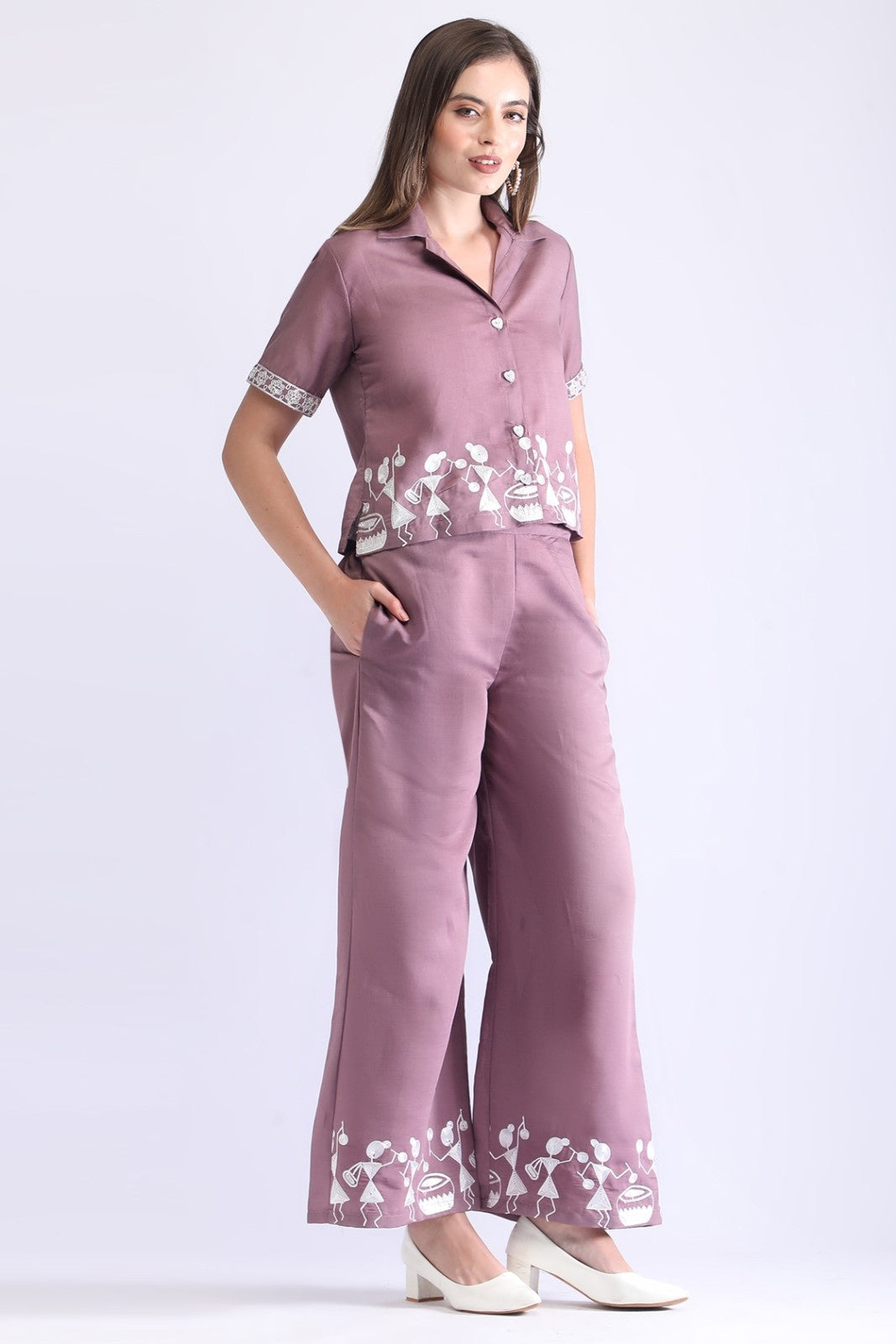 Classy Folk Embroidered Co-ord Set (Top & Wide-Leg Pants)