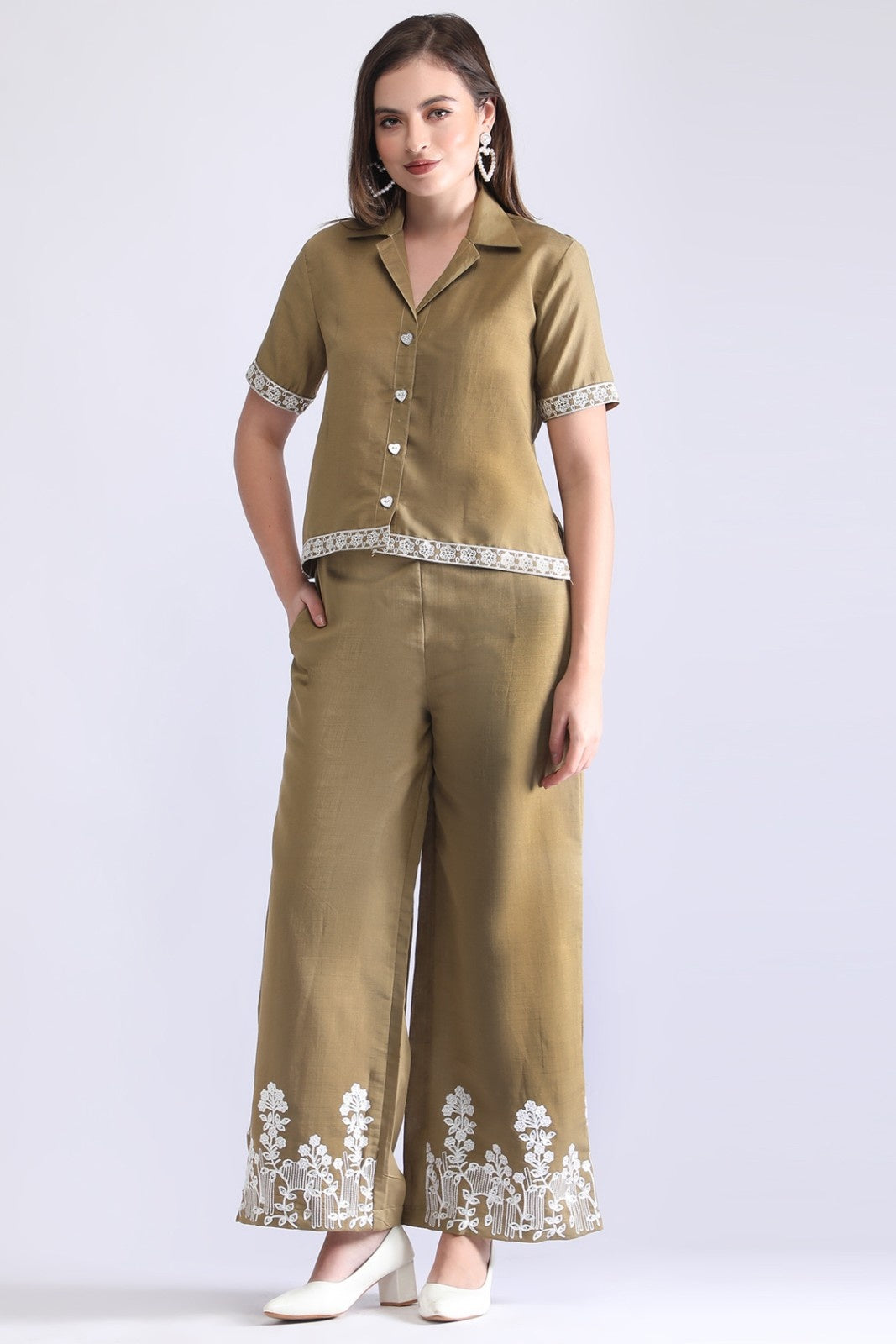 Women’s Embroidered Short Shirt & Wide-Leg Pant Co-ord Set
