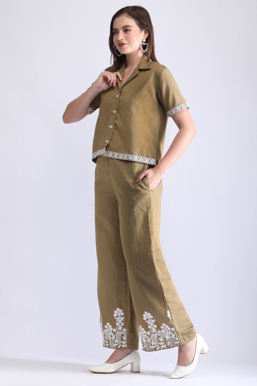 Women’s Embroidered Short Shirt & Wide-Leg Pant Co-ord Set