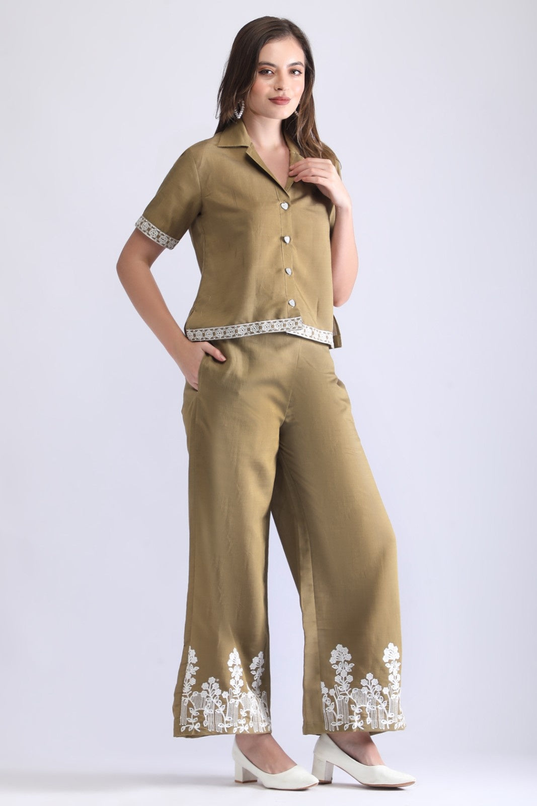 Women’s Embroidered Short Shirt & Wide-Leg Pant Co-ord Set