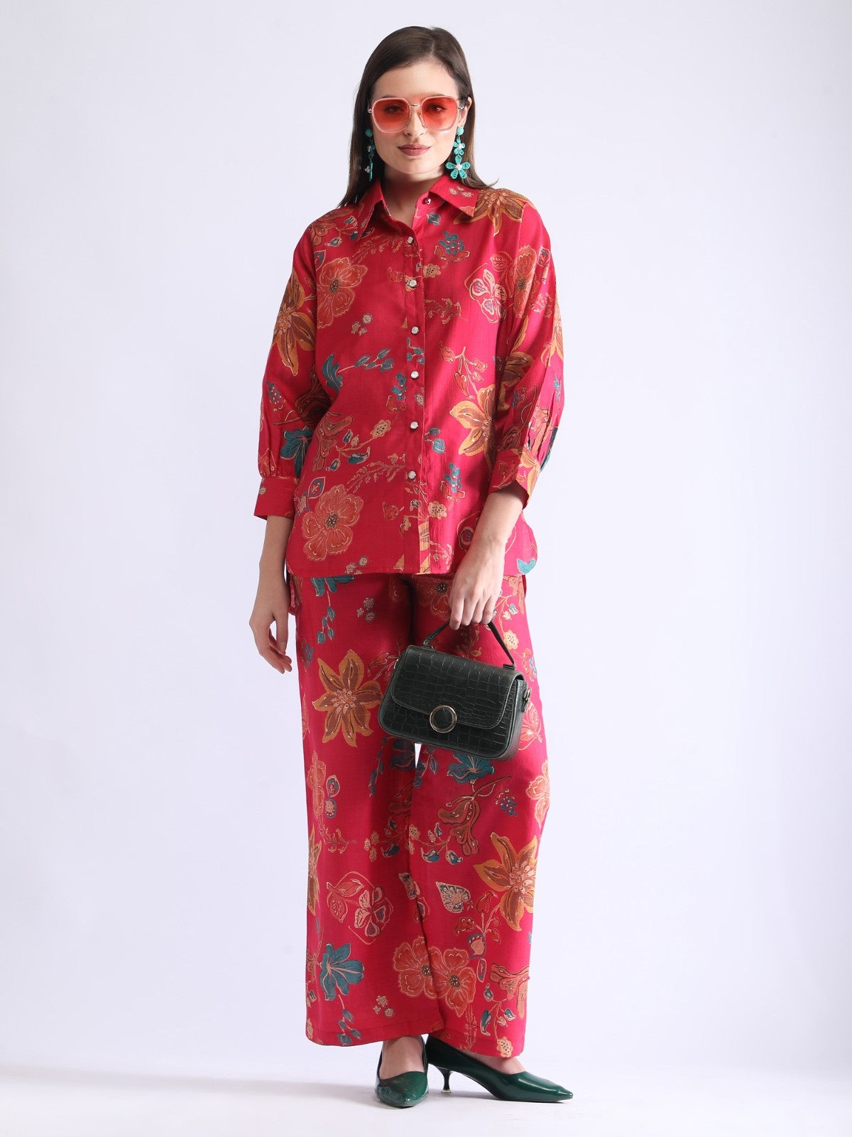 Women’s Floral Shirt Co-ord Set – Casual Top & Wide-Leg Pants