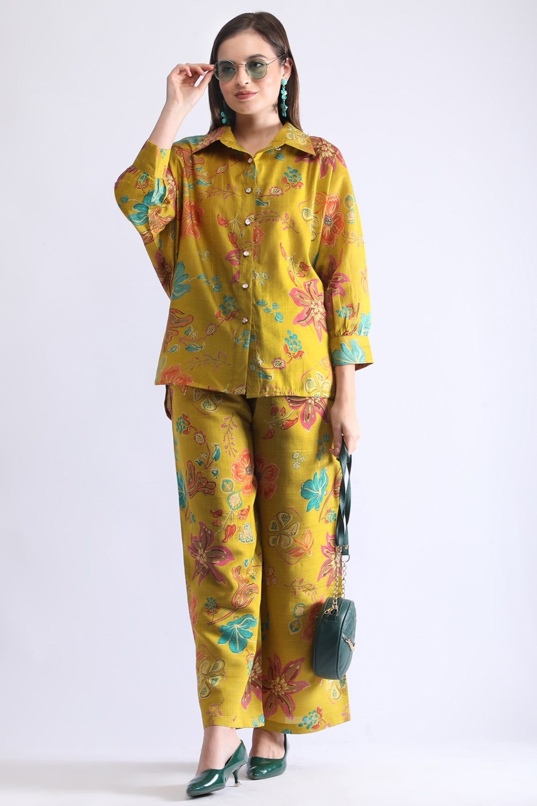 Women’s Floral Shirt Co-ord Set – Casual Top & Wide-Leg Pants