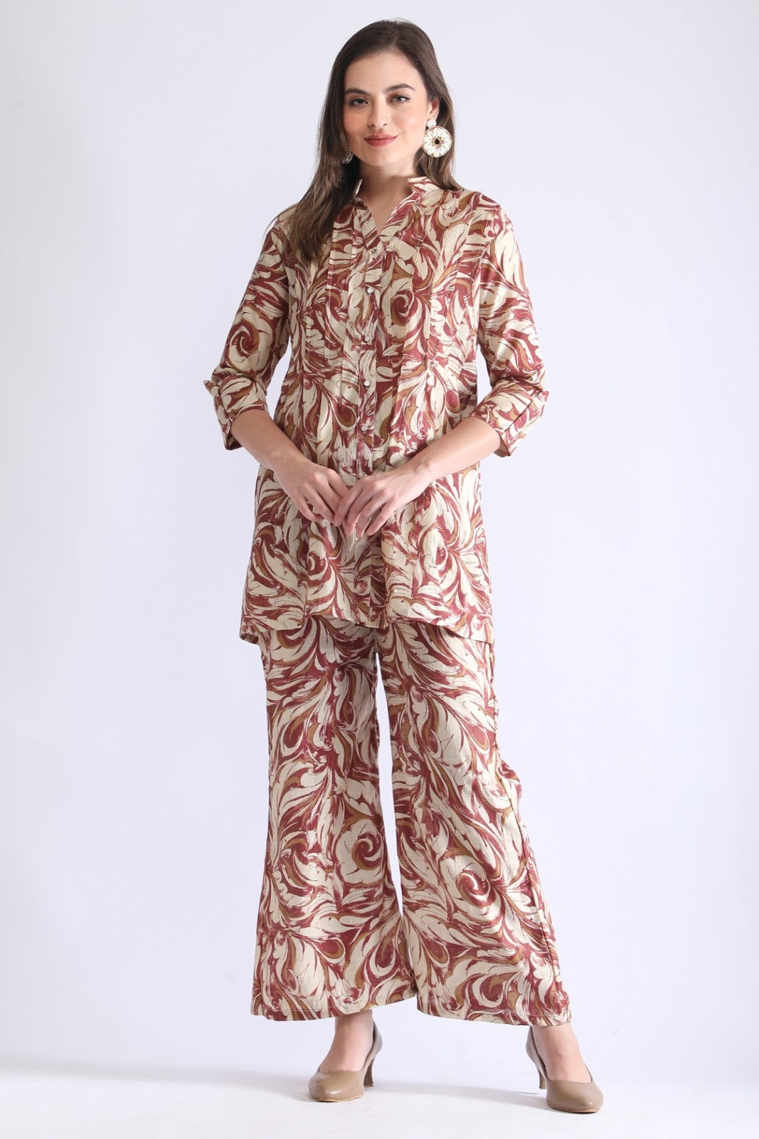 Printed Long Shirt with Wide-Leg Pants for Women