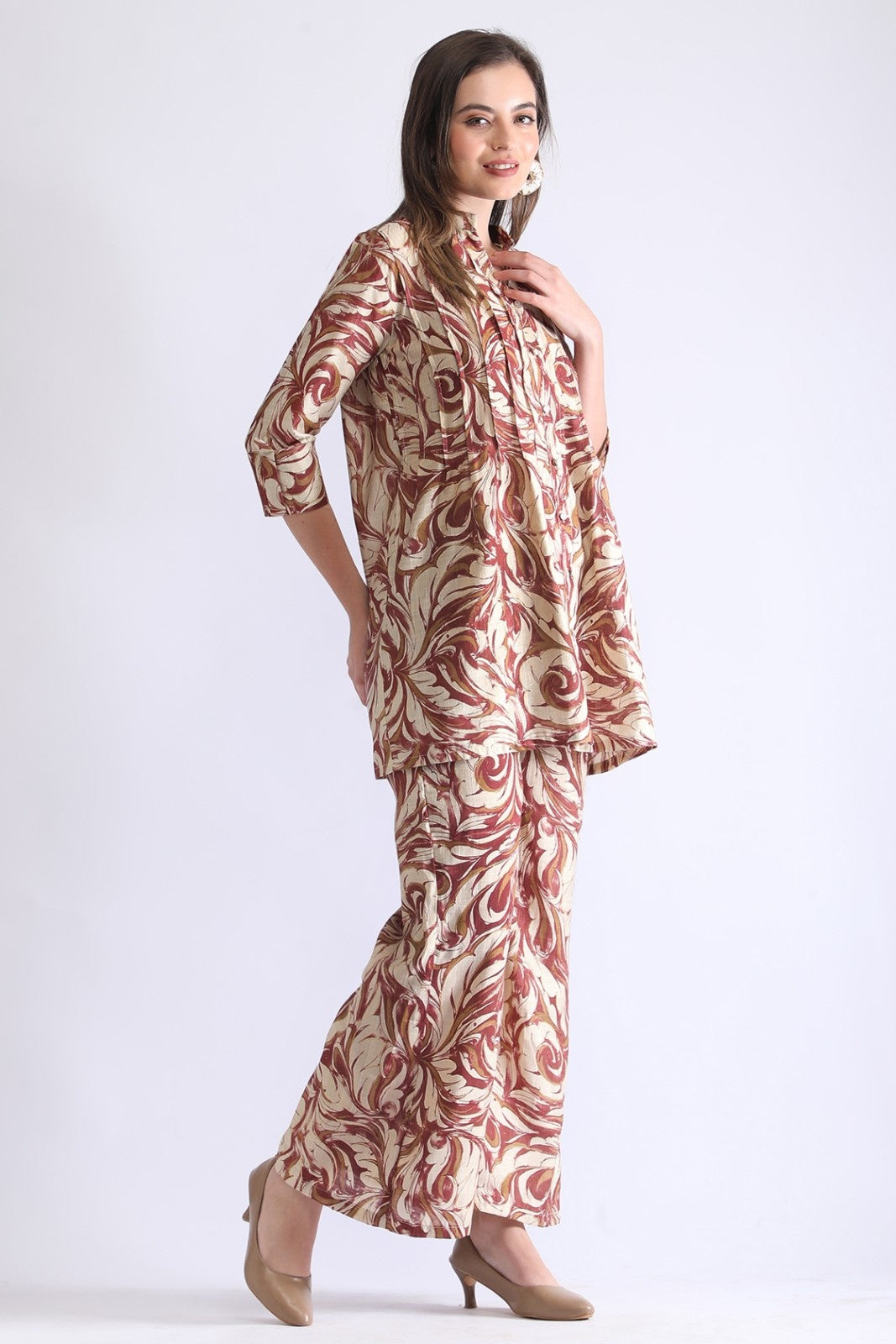 Printed Long Shirt with Wide-Leg Pants for Women