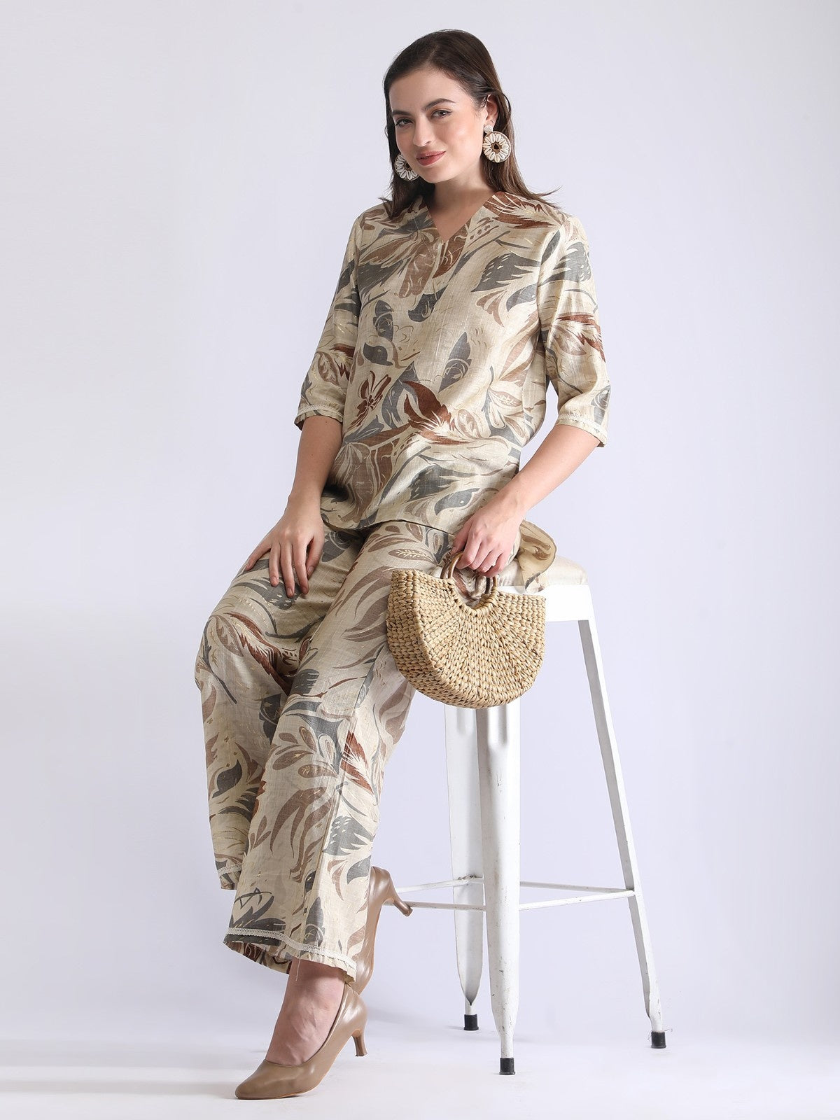 Women’s Premium Abstract Printed Co-ord Set – Black & Brown Relax Fit Top and Pant