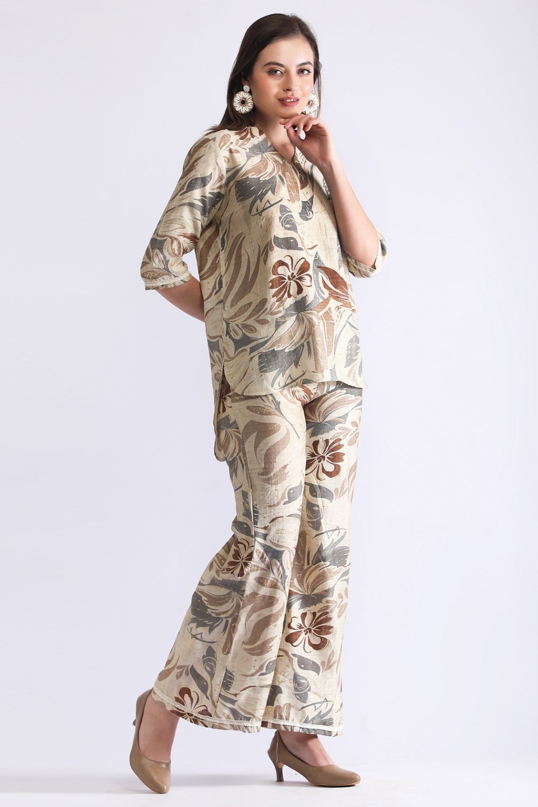 Women’s Premium Abstract Printed Co-ord Set – Black & Brown Relax Fit Top and Pant