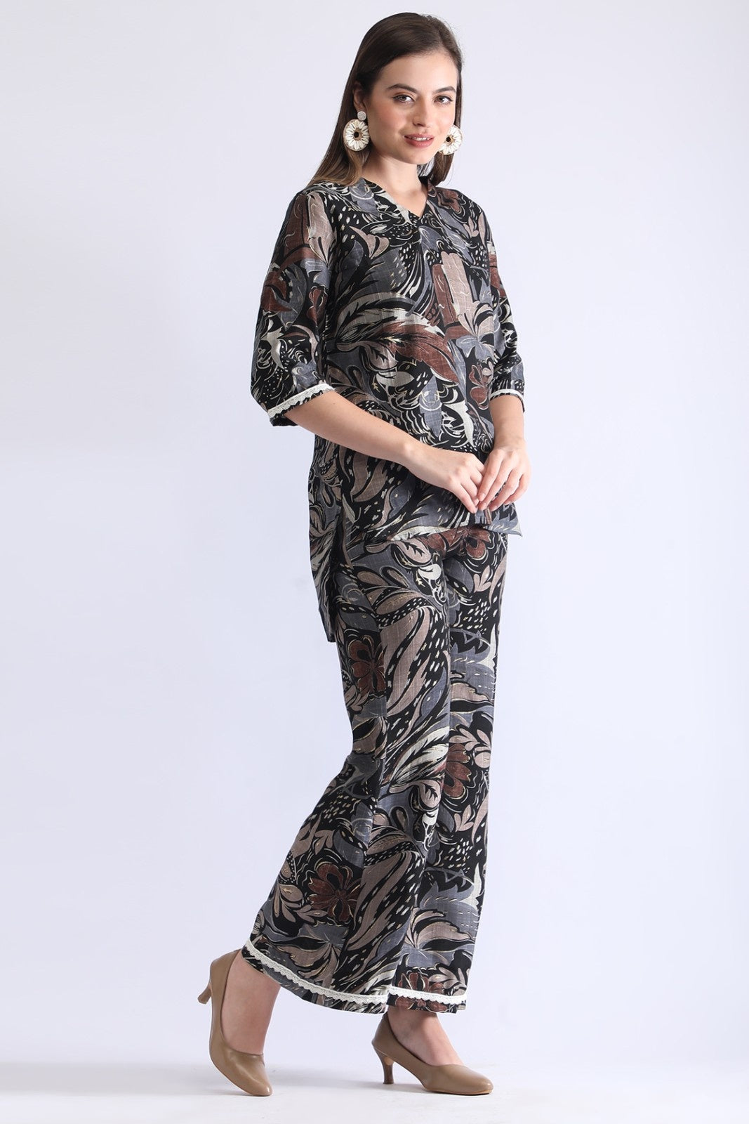 Women’s Premium Abstract Printed Co-ord Set – Black & Brown Relax Fit Top and Pant