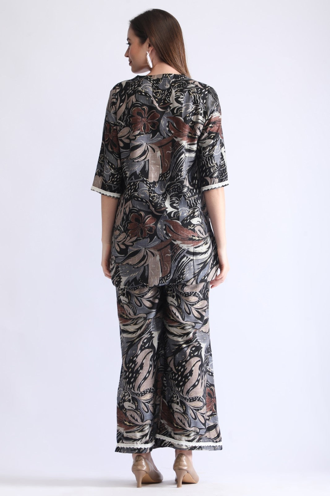 Women’s Premium Abstract Printed Co-ord Set – Black & Brown Relax Fit Top and Pant