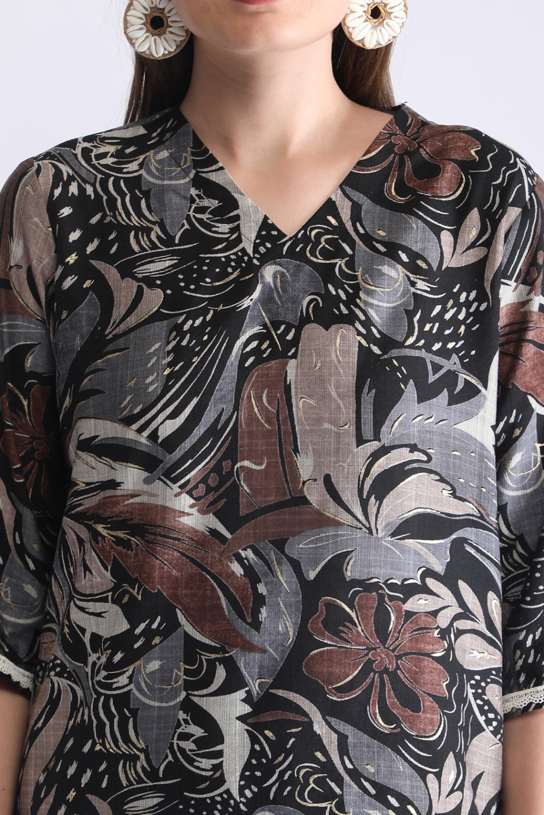 Women’s Premium Abstract Printed Co-ord Set – Black & Brown Relax Fit Top and Pant