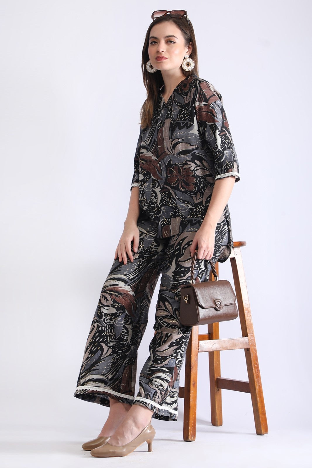 Women’s Premium Abstract Printed Co-ord Set – Black & Brown Relax Fit Top and Pant