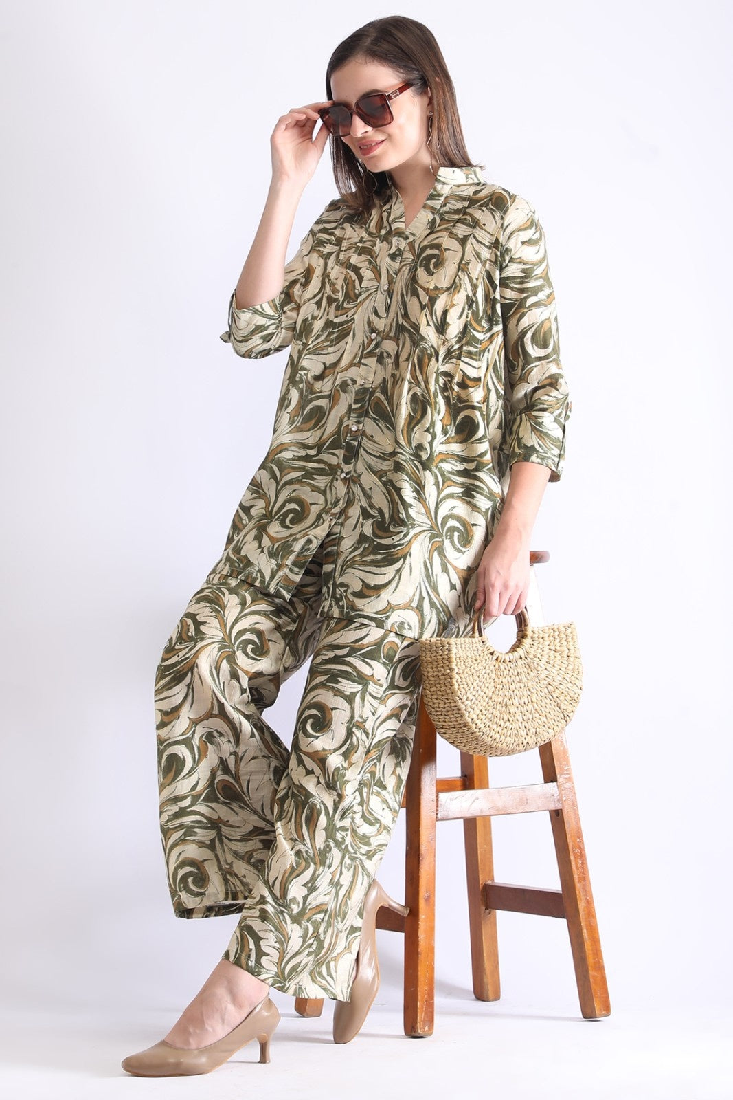 Printed Long Shirt with Wide-Leg Pants for Women