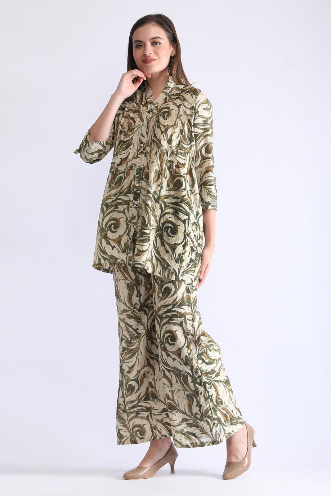 Printed Long Shirt with Wide-Leg Pants for Women
