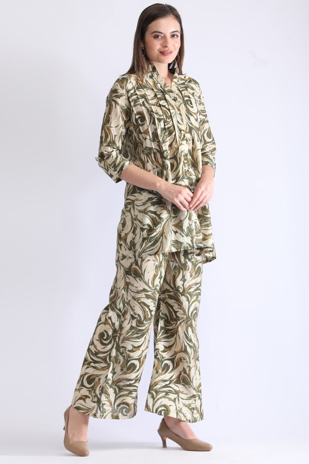 Printed Long Shirt with Wide-Leg Pants for Women