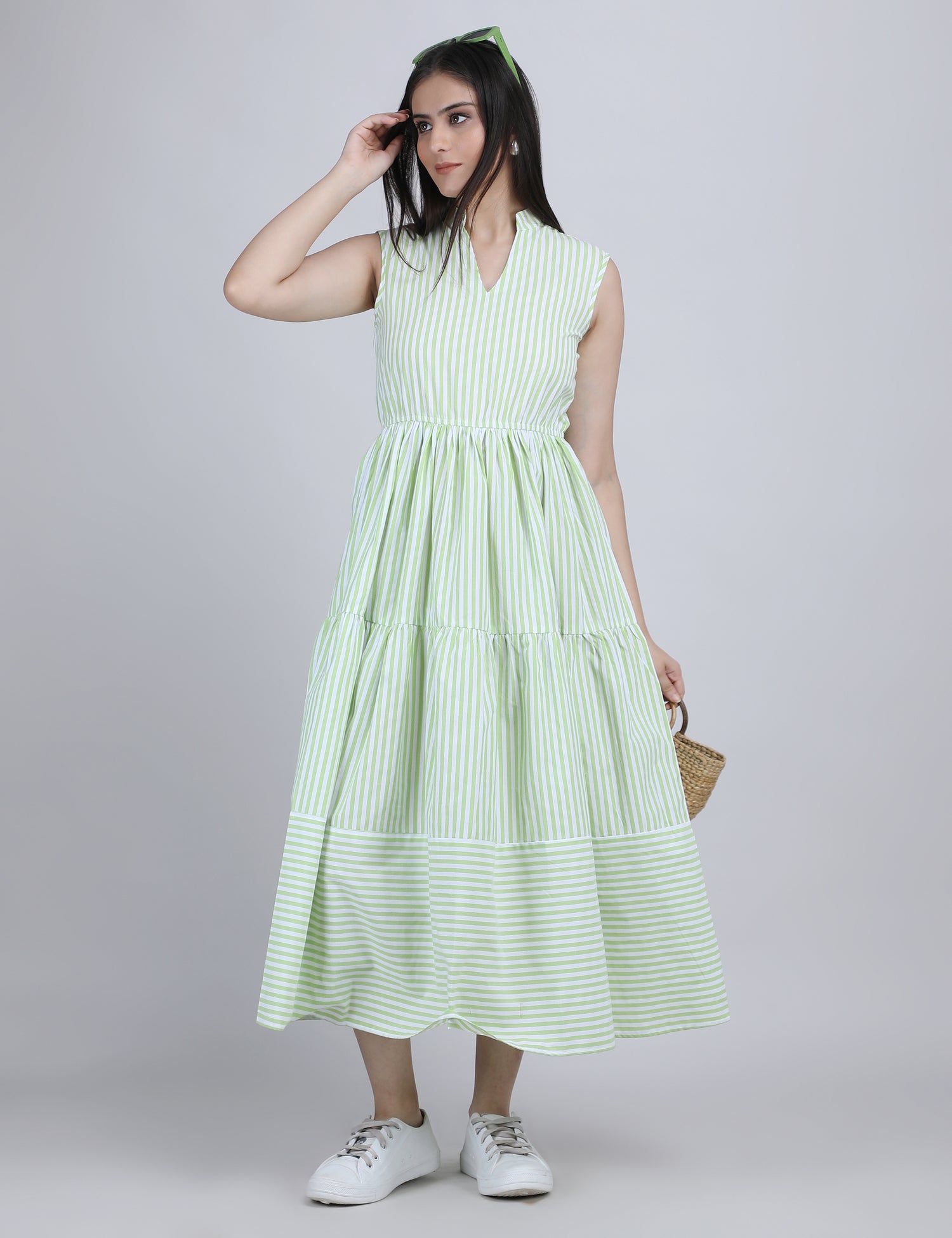 Lime Breeze Striped Tier Dress