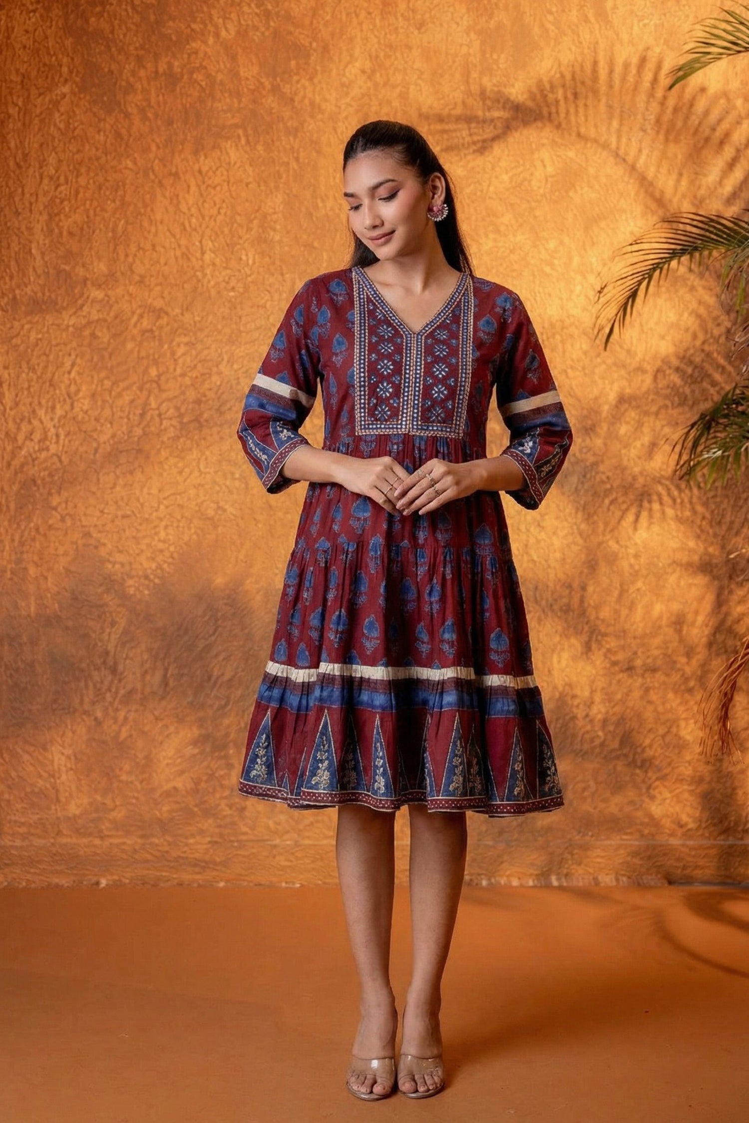 Women Ethnic Printed Fit & Flare Knee Length Dress | V-Neck Cotton Casual Fusion Dress