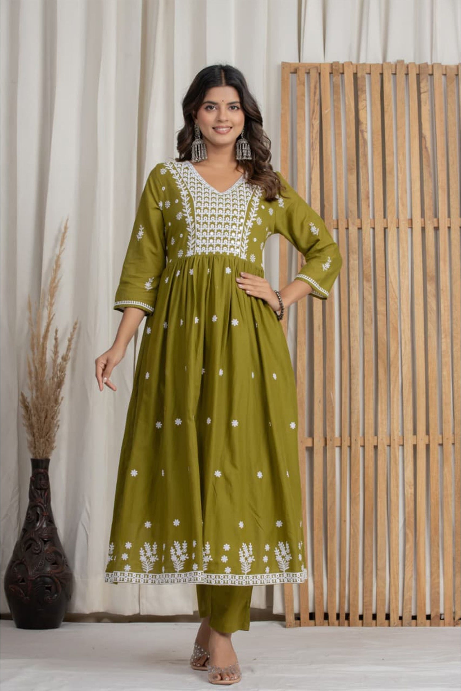 Women Olive Green Cotton Kurta Set with Dupatta