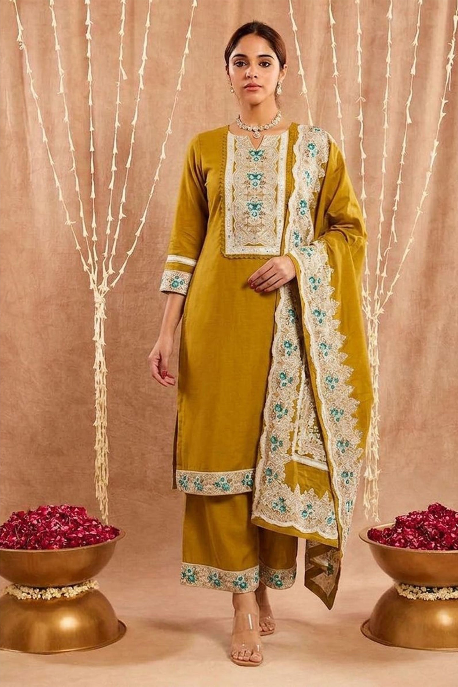Women Embroidered Straight Kurta Pant Set with Dupatta