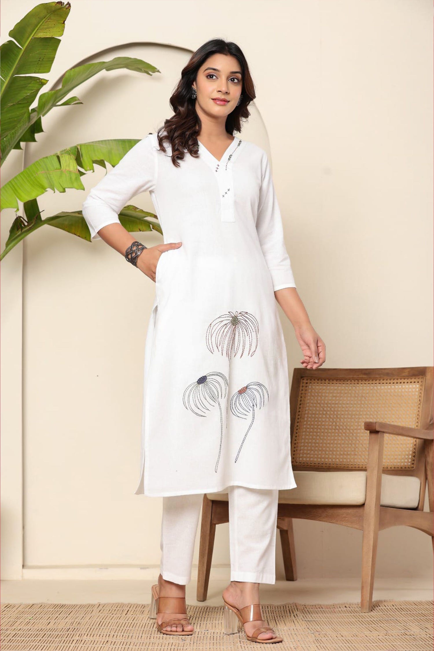 White Embroidered Kurti Pant Co-Ord Set