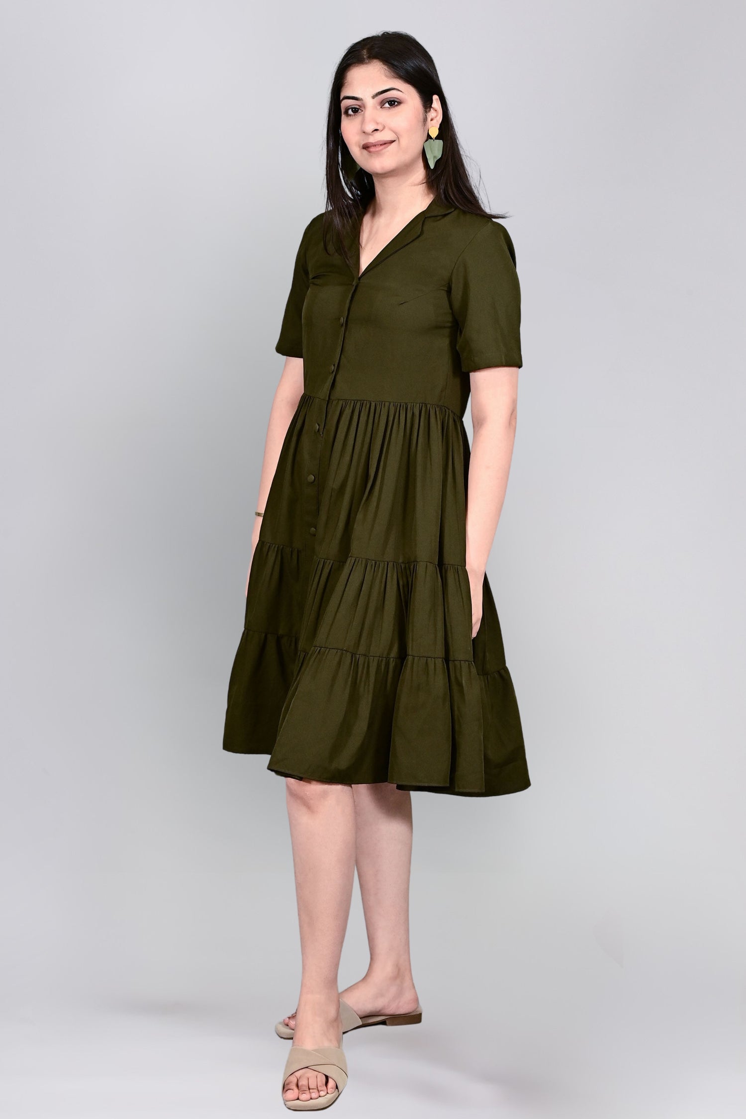 Olive Breeze Tiered Shirt Dress