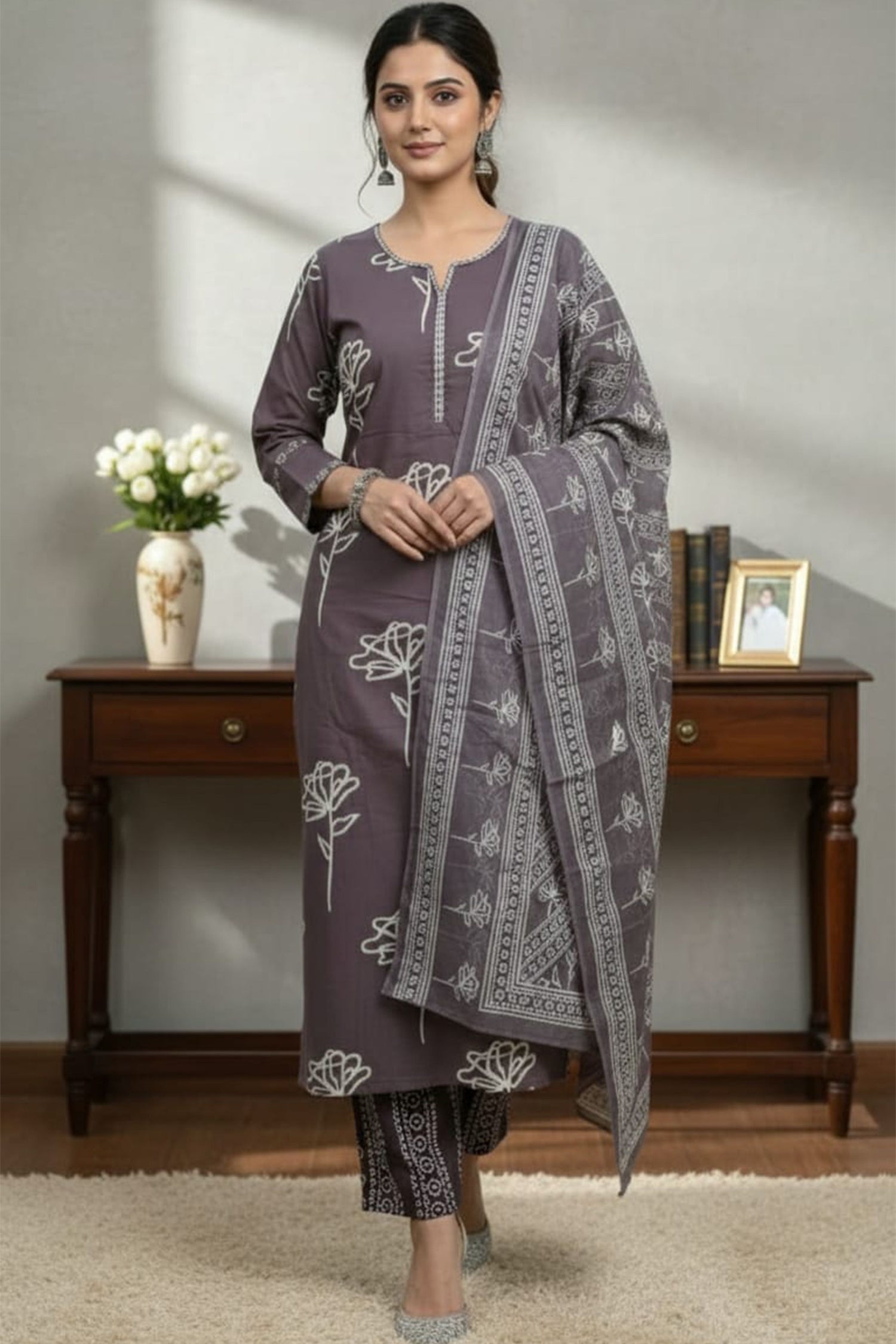 Grey & Mauve Printed Kurti Pant Set with Dupatta