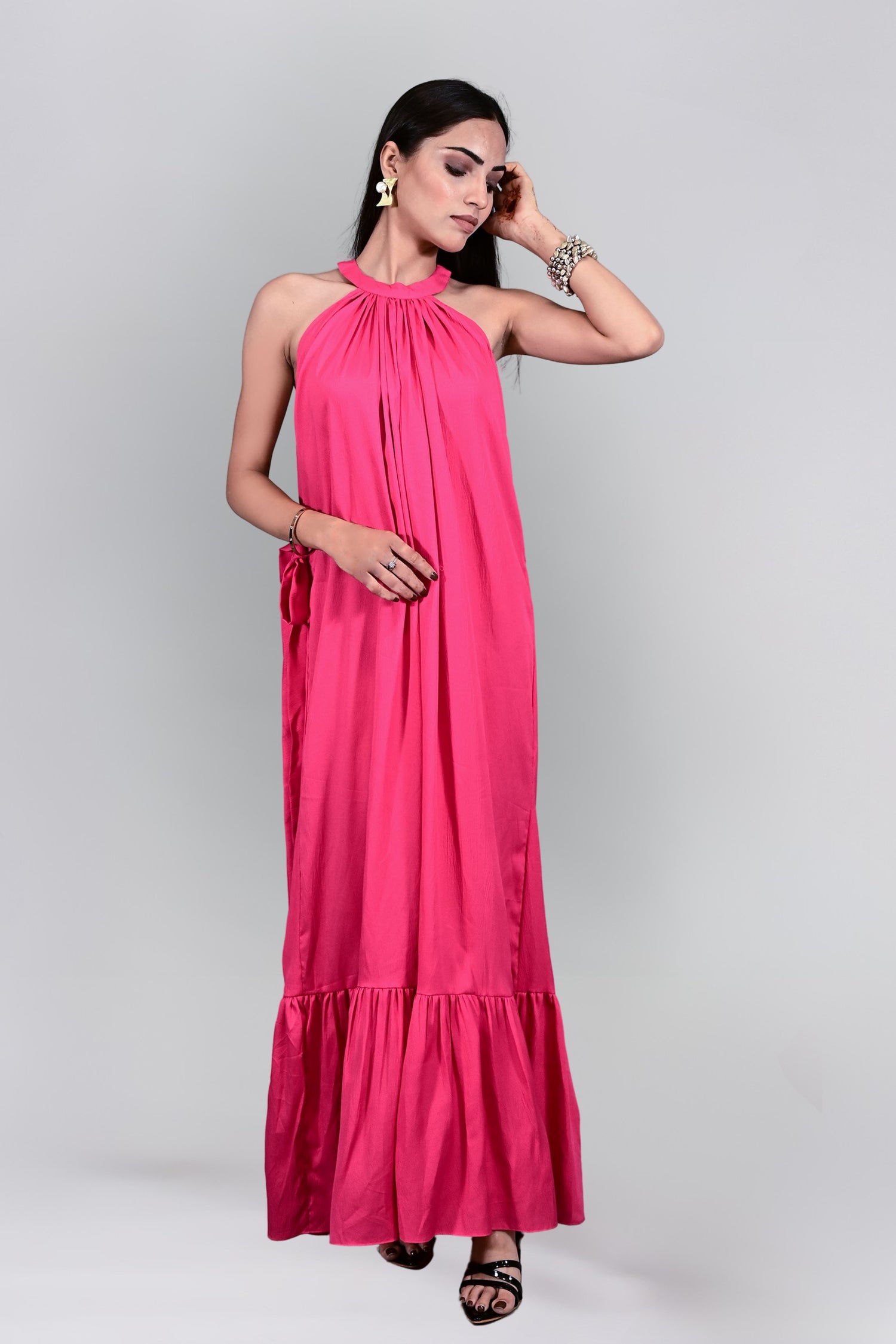 Fuchsia Bloom Halter Maxi Dress