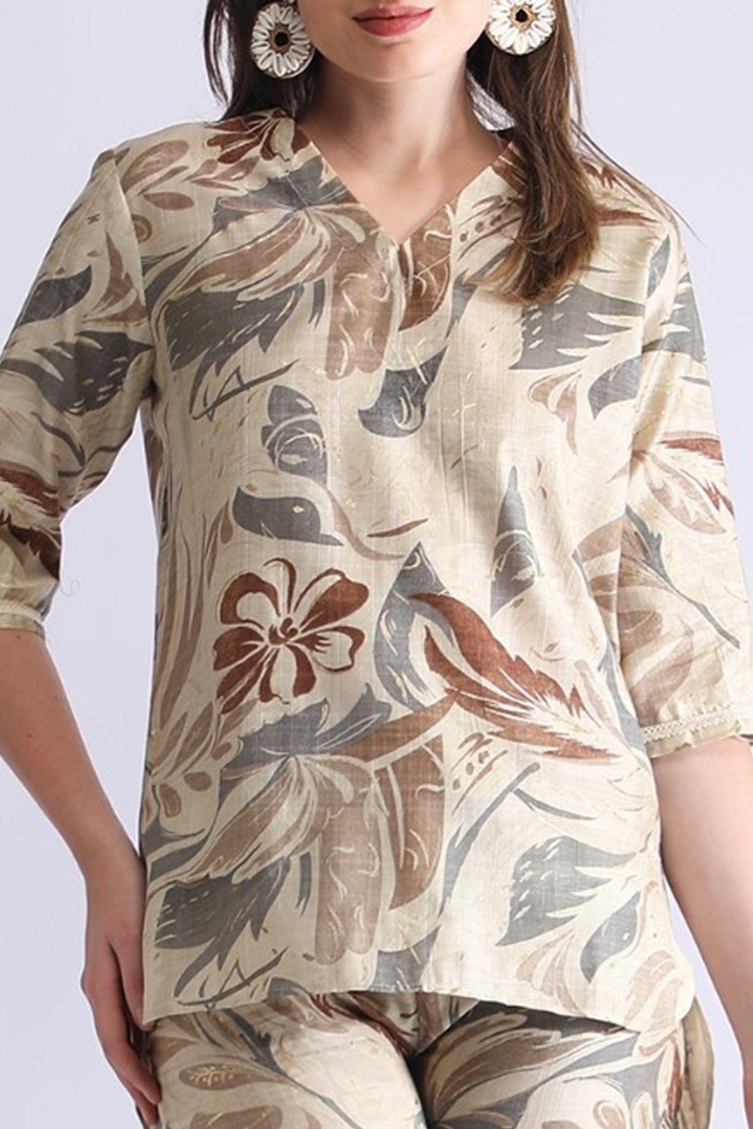 Women’s Premium Abstract Printed Co-ord Set – Black & Brown Relax Fit Top and Pant