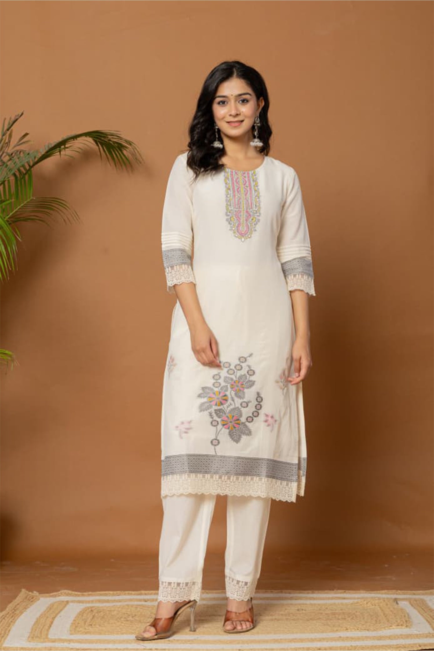 Women Off White Cotton Kurta Set with Dupatta