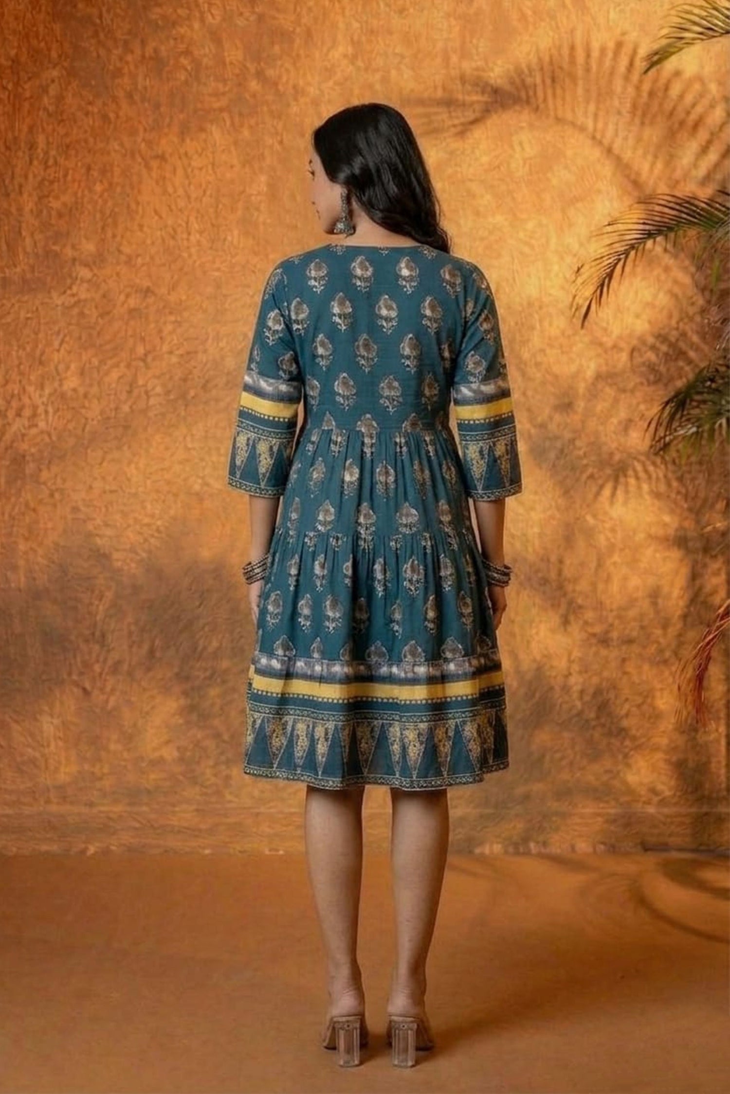 Women Ethnic Printed Fit & Flare Knee Length Dress | V-Neck Cotton Casual Fusion Dress