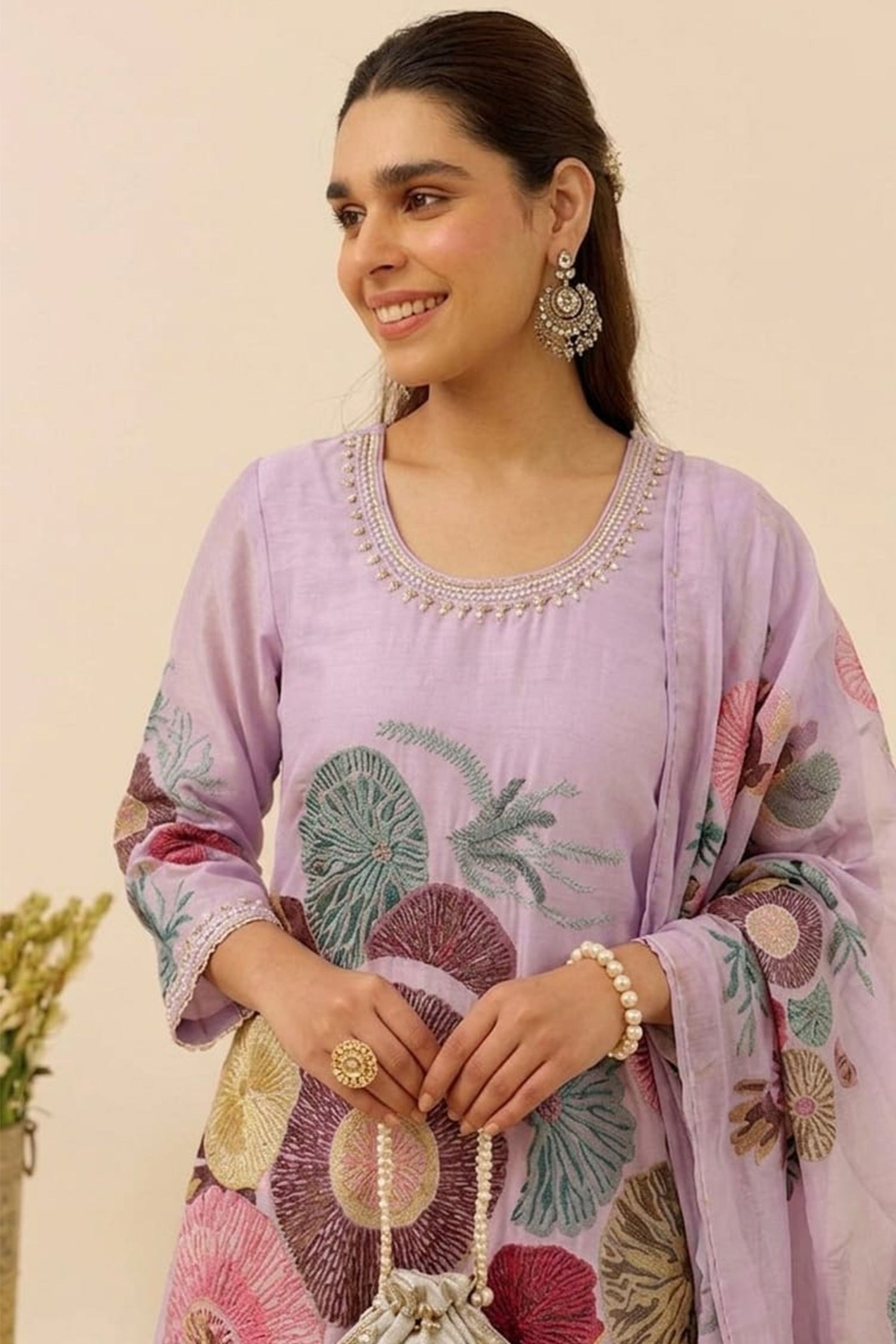 “Lavender Floral 3-Piece Kurta Pant Dupatta Set | Straight Fit”