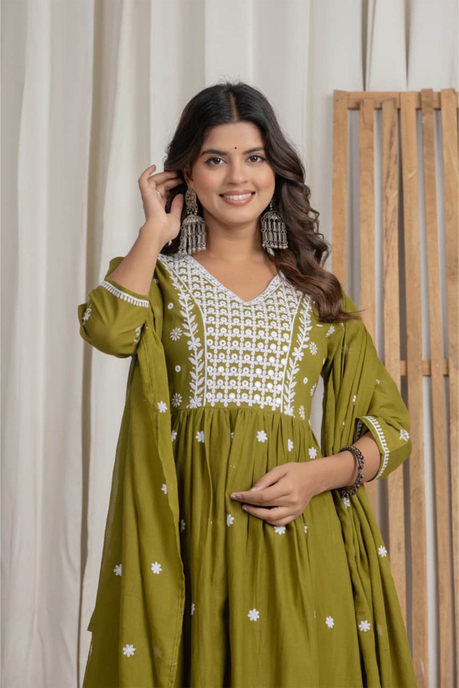 Women Olive Green Cotton Kurta Set with Dupatta