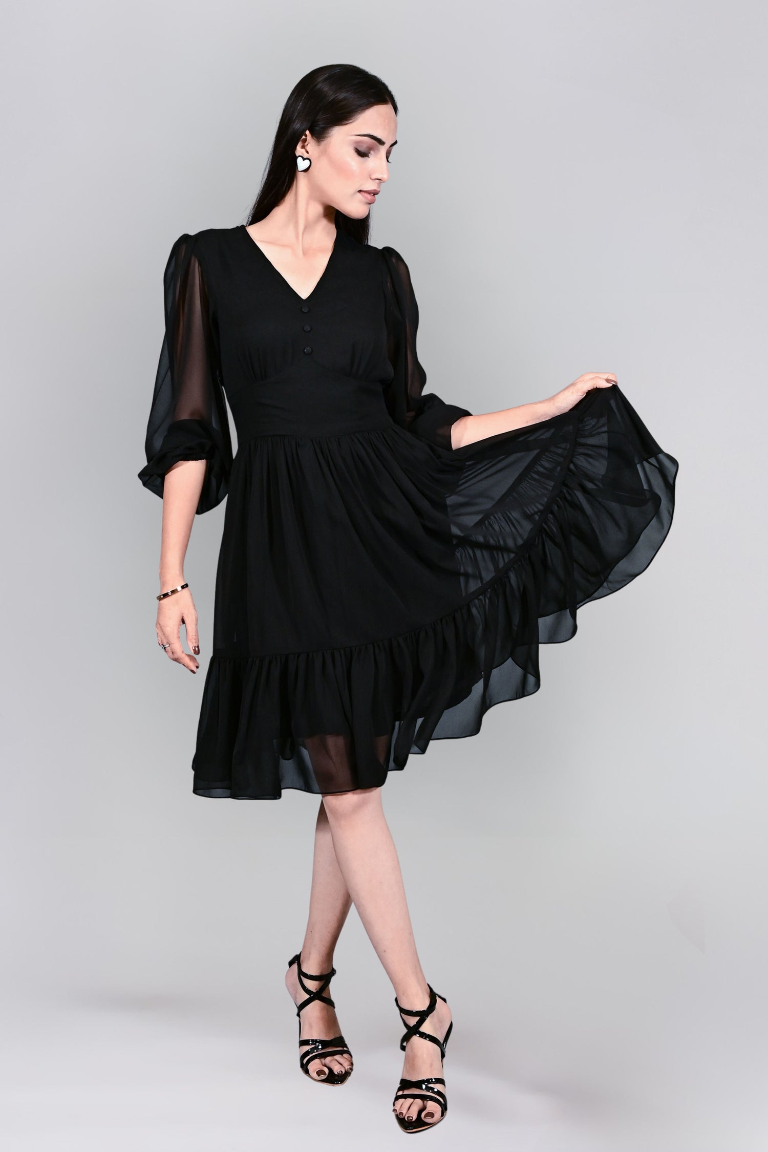 Georgette Puff Sleeves Fit and Flare Midi Black Dress